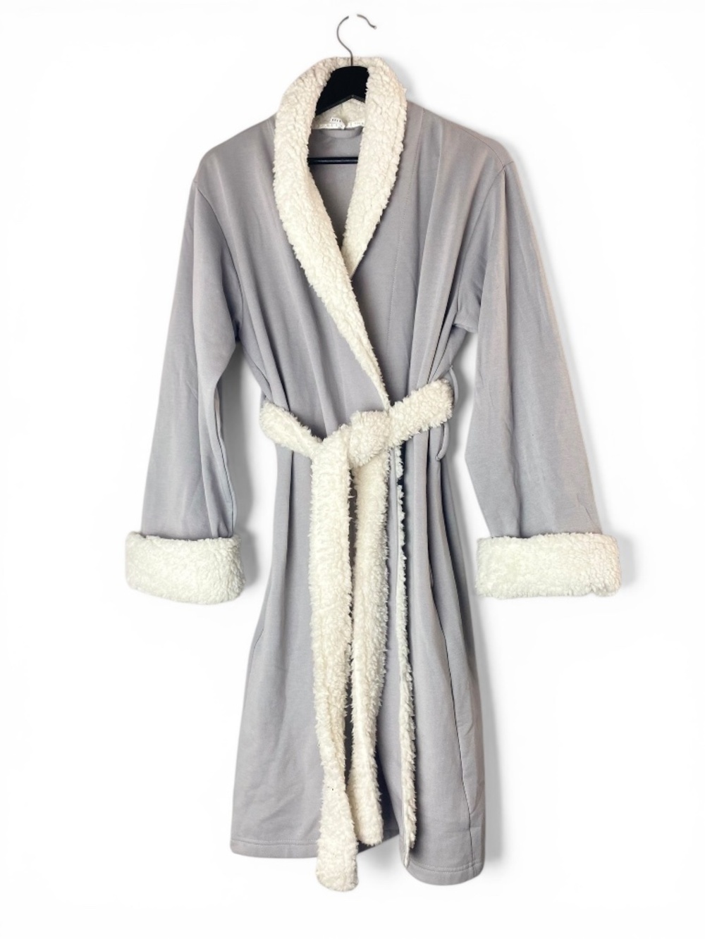 Pottery Barn Plush Spa Robe Faux Sherpa Grey Pockets Belt OS